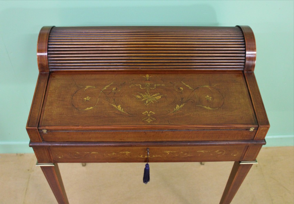 Inlaid Mahogany Tambour Bureau by Druce and Co. View VII