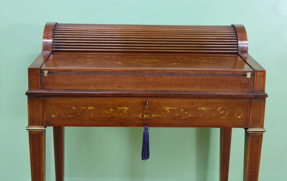 Inlaid Mahogany Tambour Bureau by Druce and Co. View VIII