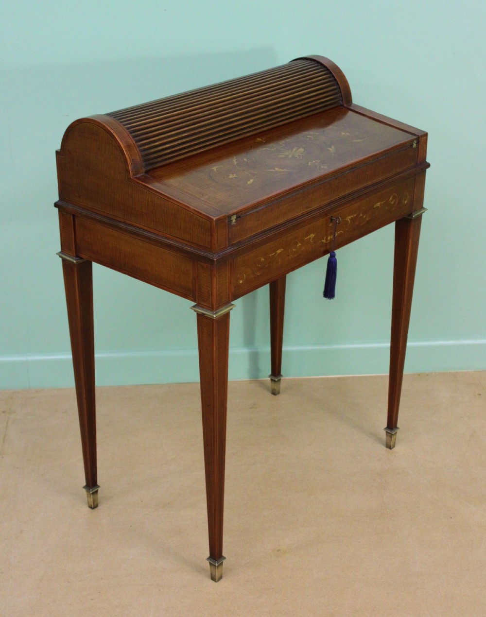 Inlaid Mahogany Tambour Bureau by Druce and Co. View XI