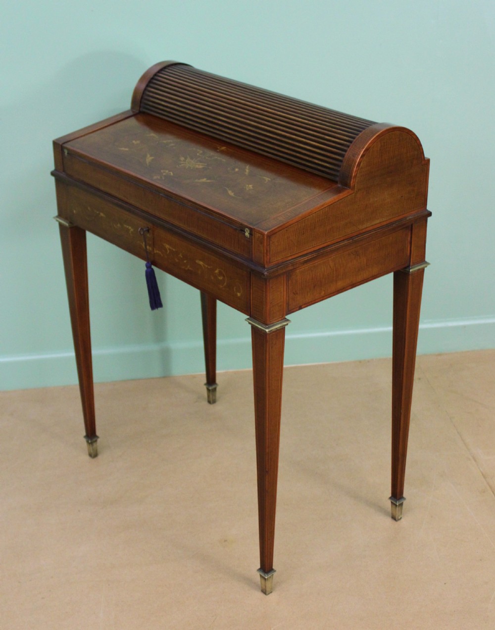 Inlaid Mahogany Tambour Bureau by Druce and Co. View XII