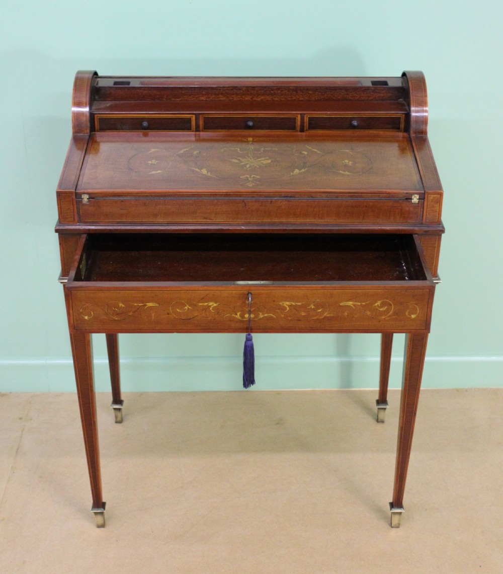 Inlaid Mahogany Tambour Bureau by Druce and Co. View XVI