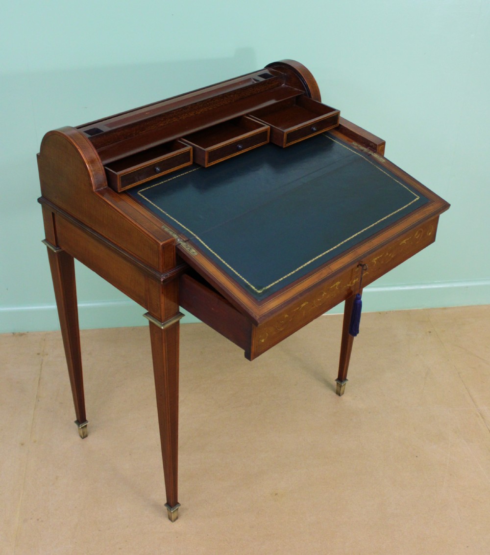 Inlaid Mahogany Tambour Bureau by Druce and Co. View XVIII