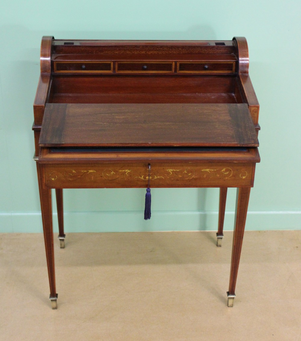 Inlaid Mahogany Tambour Bureau by Druce and Co. View XXI