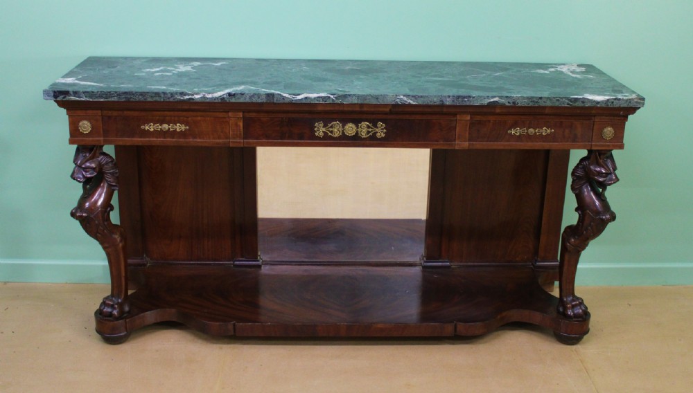 Large French Empire Marble Topped Mahogany Console Table
