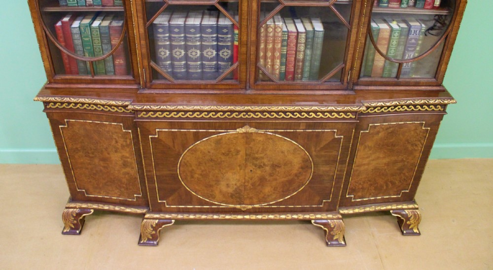 Waring and Gillow Burr Walnut Breakfront Bookcase View II