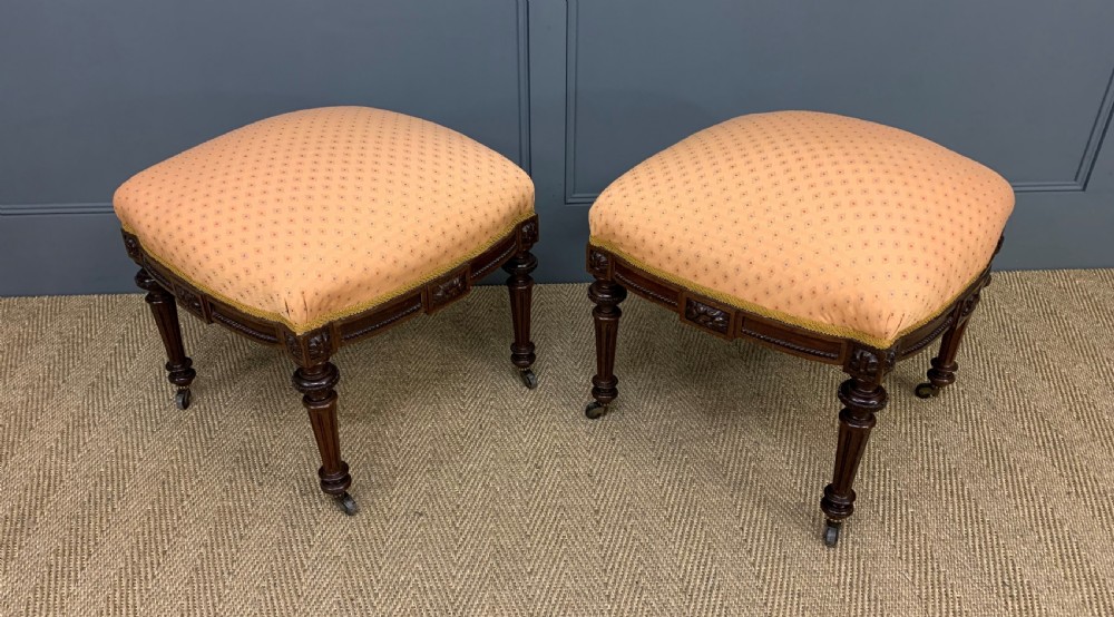 Pair of Victorian Mahogany Upholstered Stools View VIII
