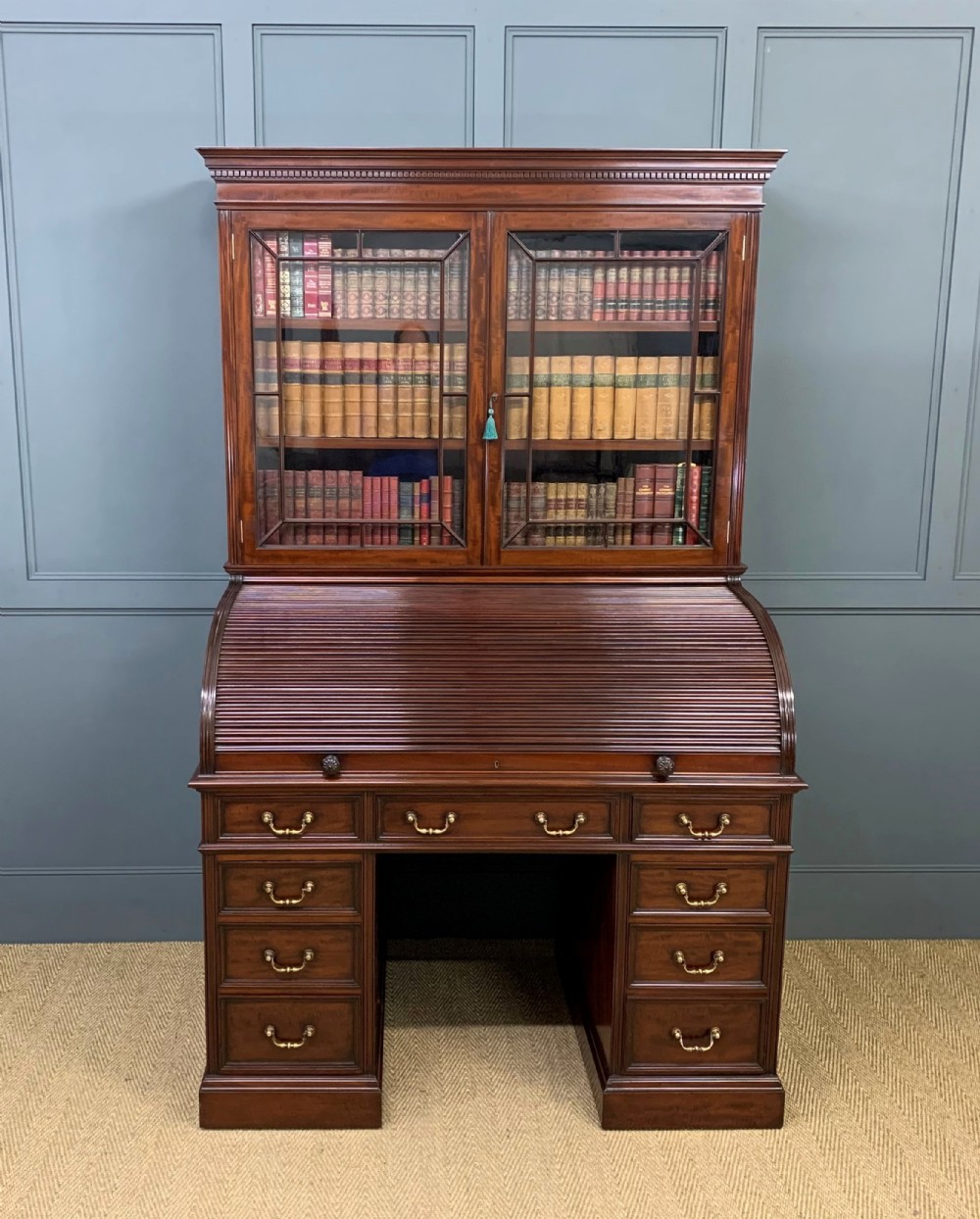 Victorian Figured Mahogany Roll Topped Bureau Bookcase