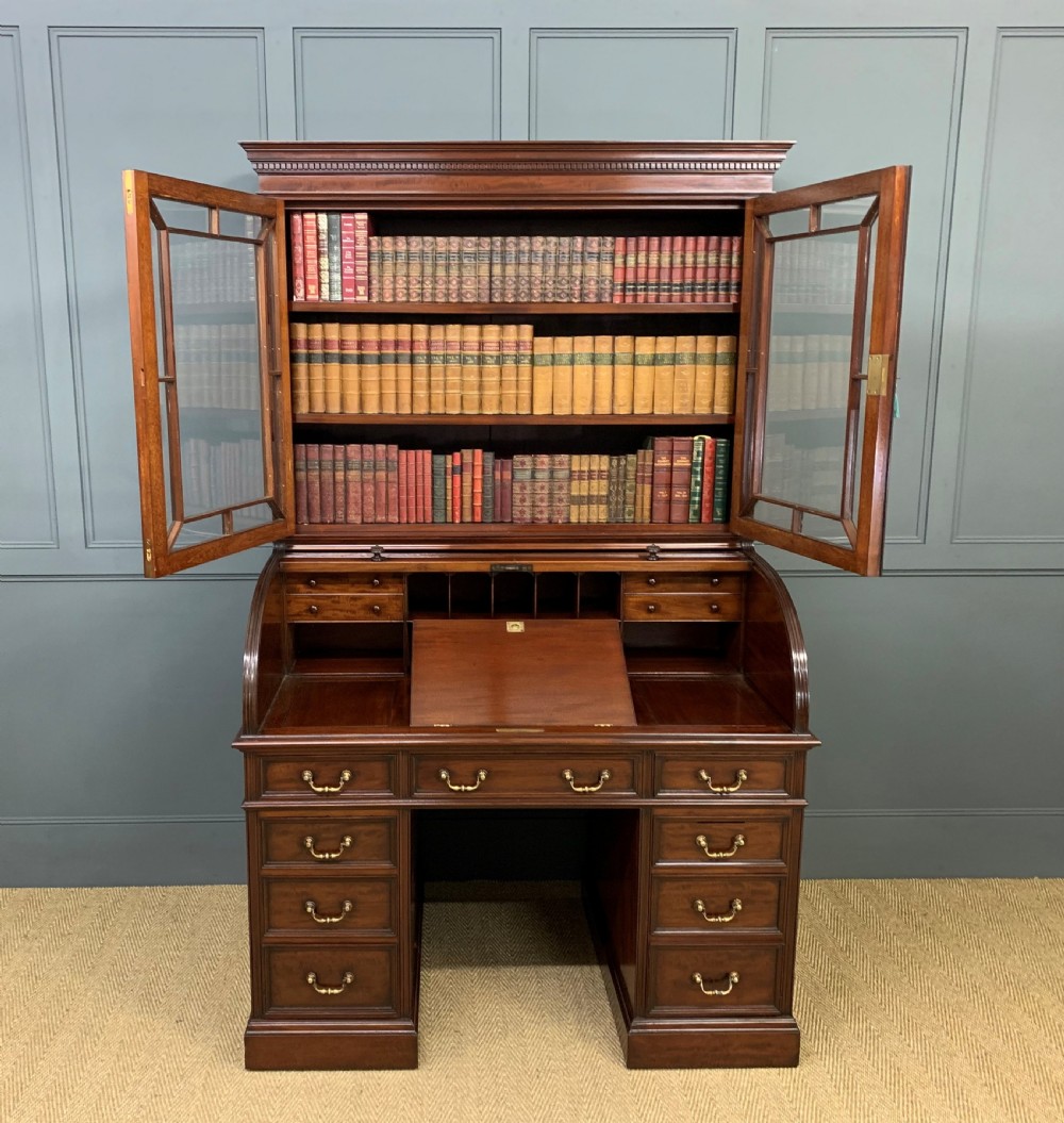 Victorian Figured Mahogany Roll Topped Bureau Bookcase View II