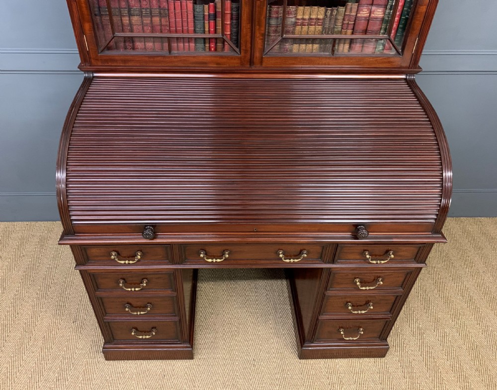 Victorian Figured Mahogany Roll Topped Bureau Bookcase View III