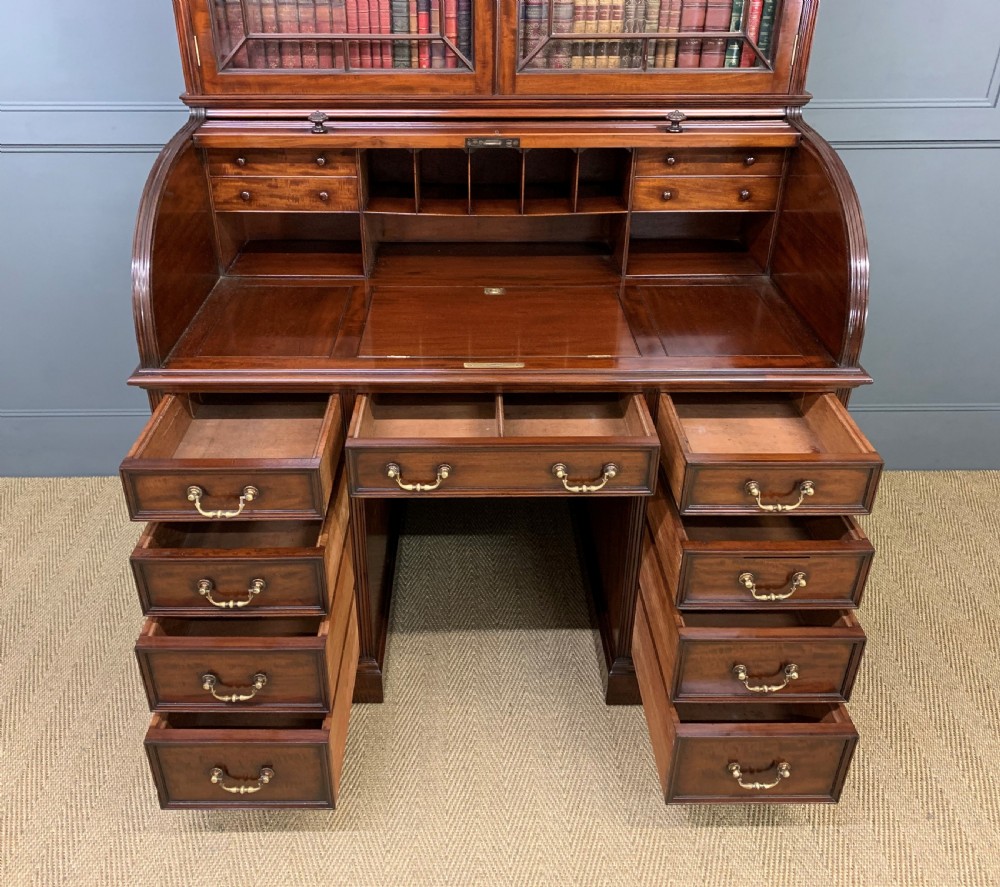 Victorian Figured Mahogany Roll Topped Bureau Bookcase View IV