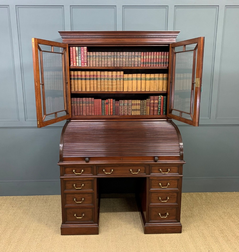 Victorian Figured Mahogany Roll Topped Bureau Bookcase View VII