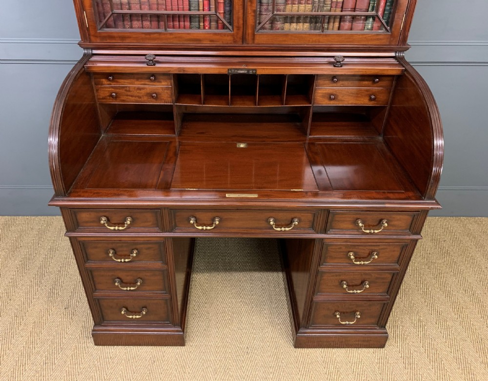 Victorian Figured Mahogany Roll Topped Bureau Bookcase View XIII