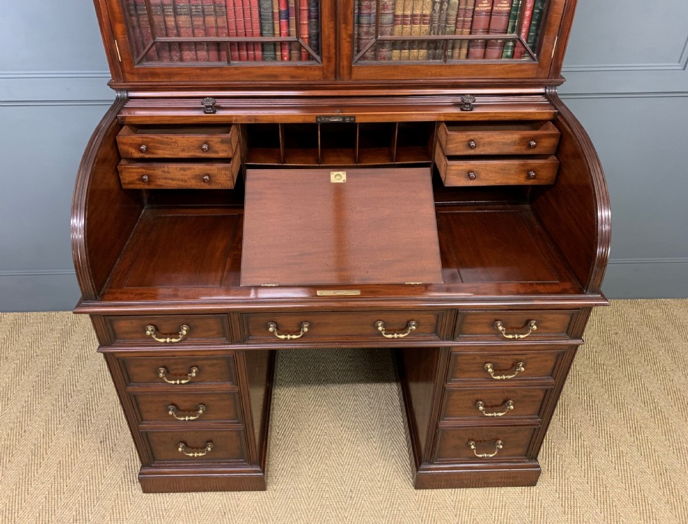 Victorian Figured Mahogany Roll Topped Bureau Bookcase View XIV