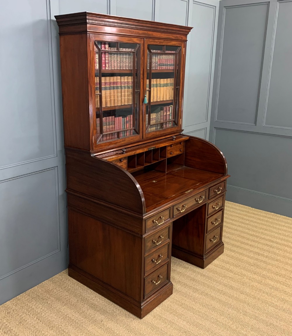 Victorian Figured Mahogany Roll Topped Bureau Bookcase View XVII