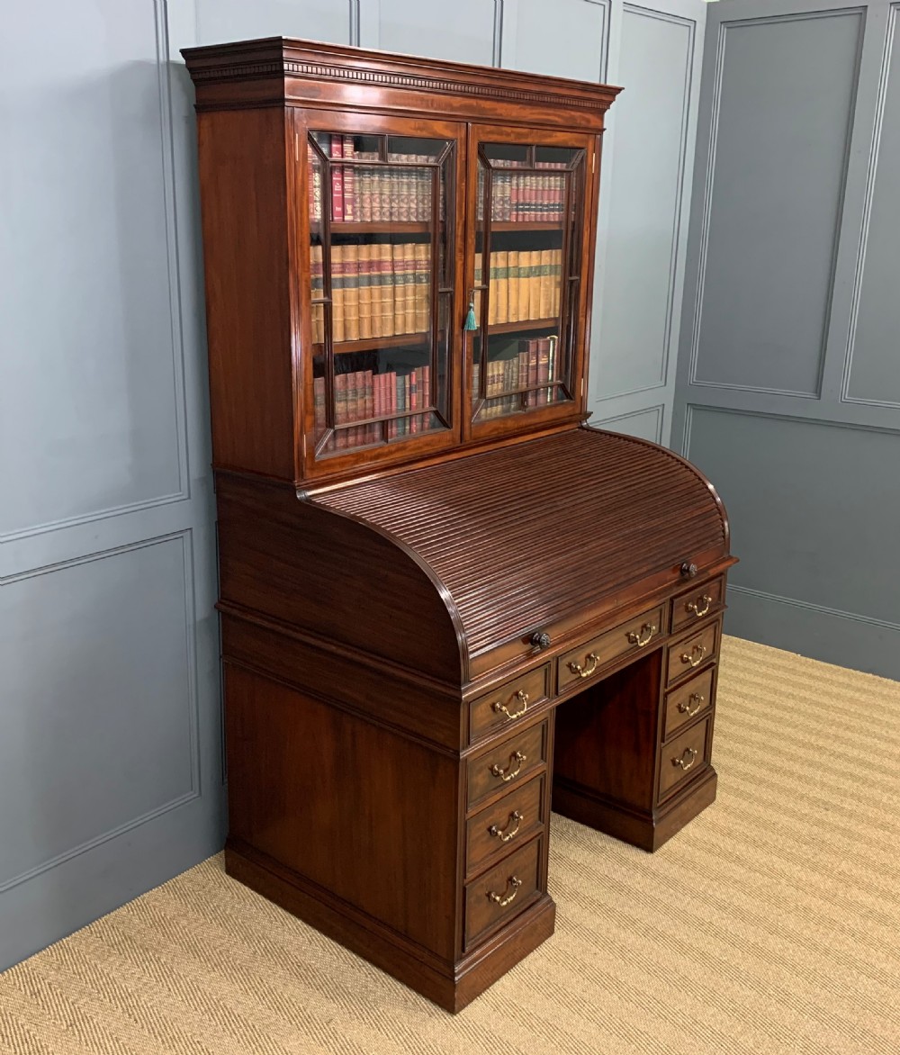 Victorian Figured Mahogany Roll Topped Bureau Bookcase View XIX
