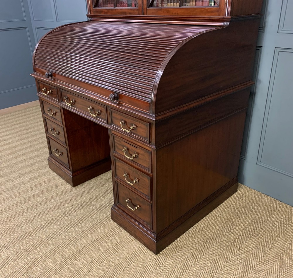 Victorian Figured Mahogany Roll Topped Bureau Bookcase View XX