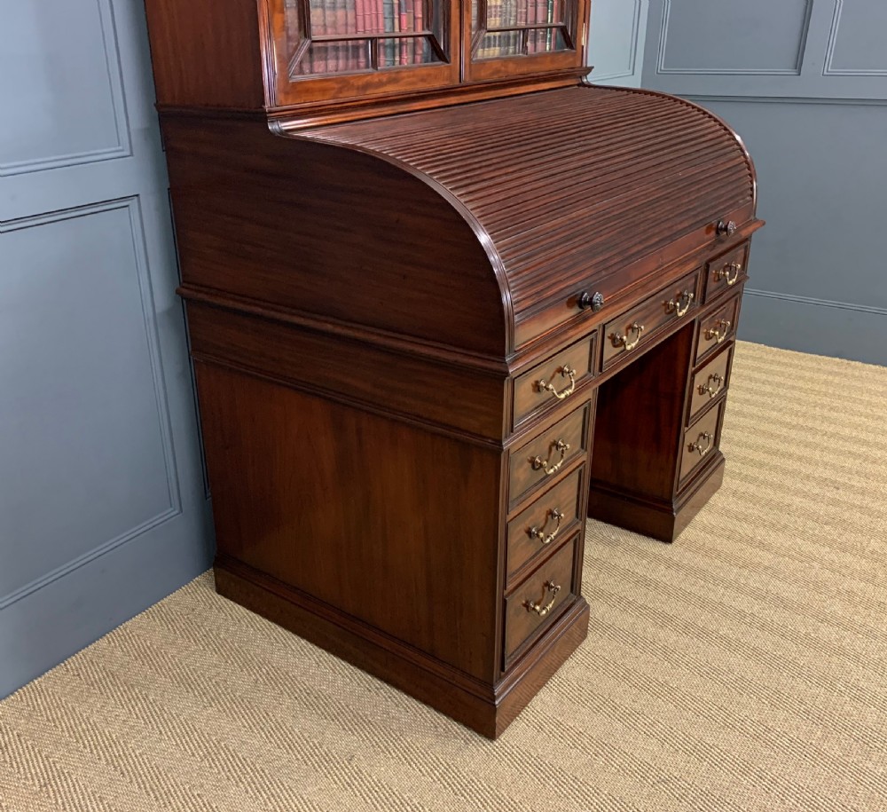 Victorian Figured Mahogany Roll Topped Bureau Bookcase View XXI