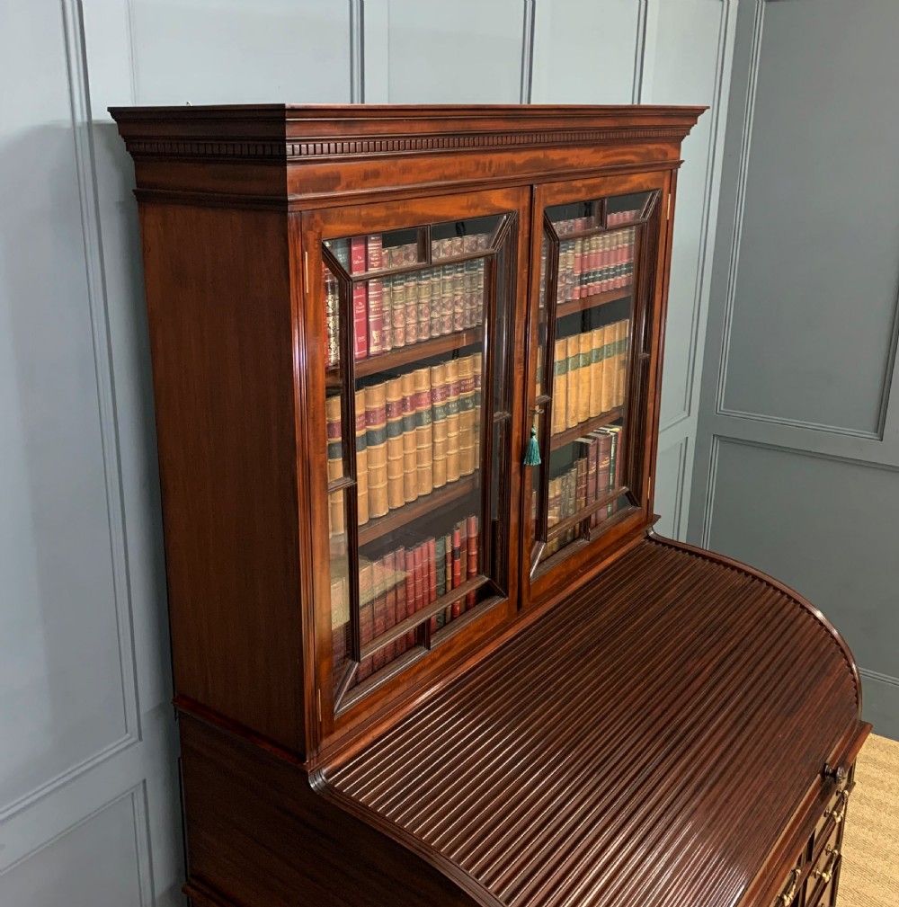 Victorian Figured Mahogany Roll Topped Bureau Bookcase View XXII