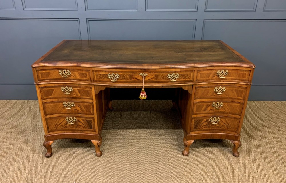 Large Burr Walnut Serpentine Fronted Pedestal Desk