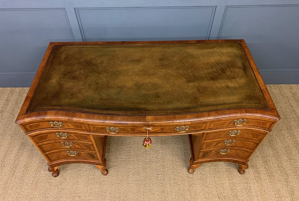 Large Burr Walnut Serpentine Fronted Pedestal Desk View II