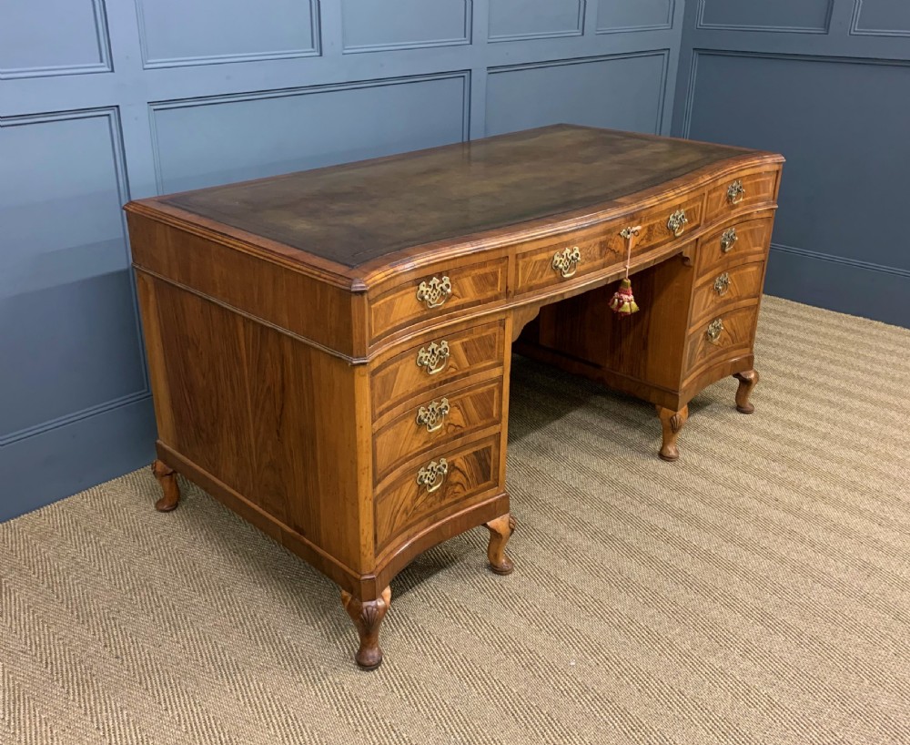 Large Burr Walnut Serpentine Fronted Pedestal Desk View III