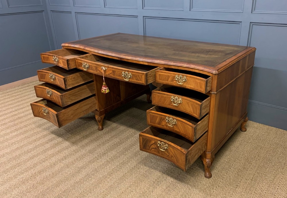 Large Burr Walnut Serpentine Fronted Pedestal Desk View IV
