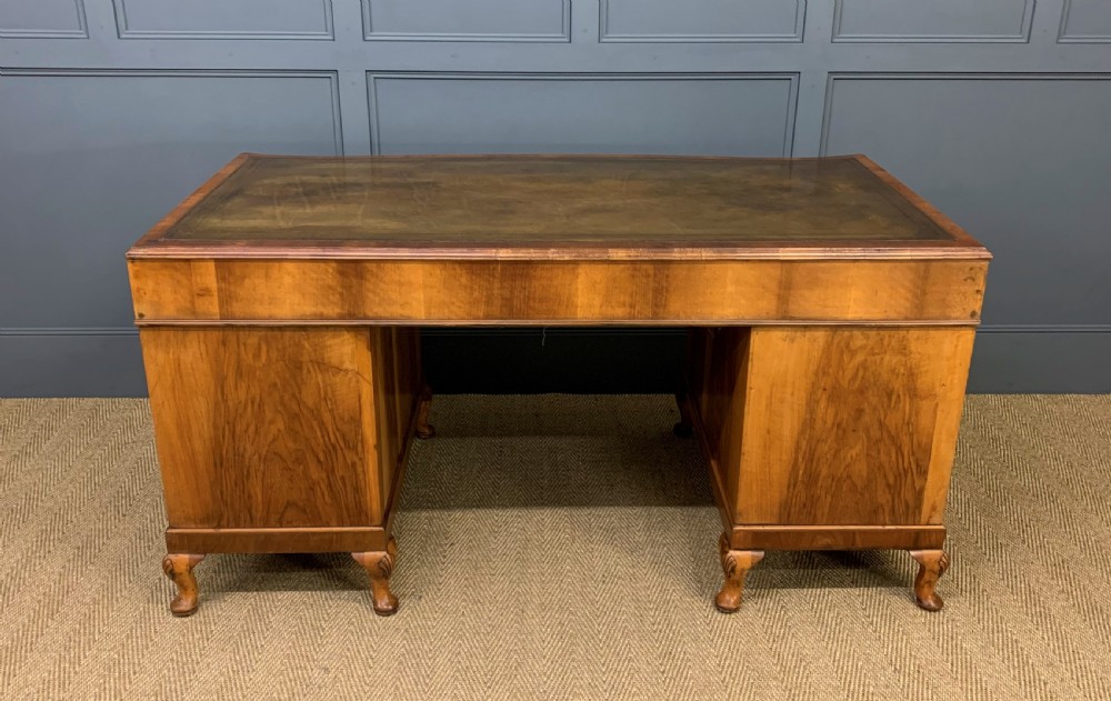 Large Burr Walnut Serpentine Fronted Pedestal Desk View V
