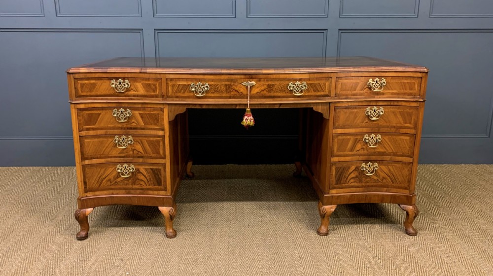 Large Burr Walnut Serpentine Fronted Pedestal Desk View VI