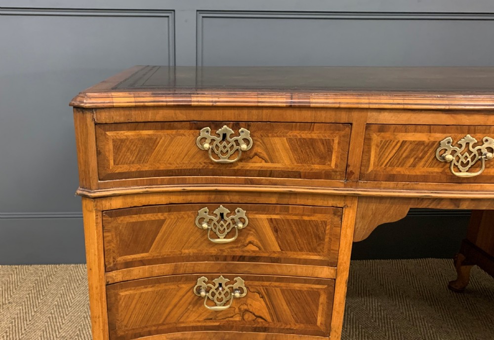 Large Burr Walnut Serpentine Fronted Pedestal Desk View X