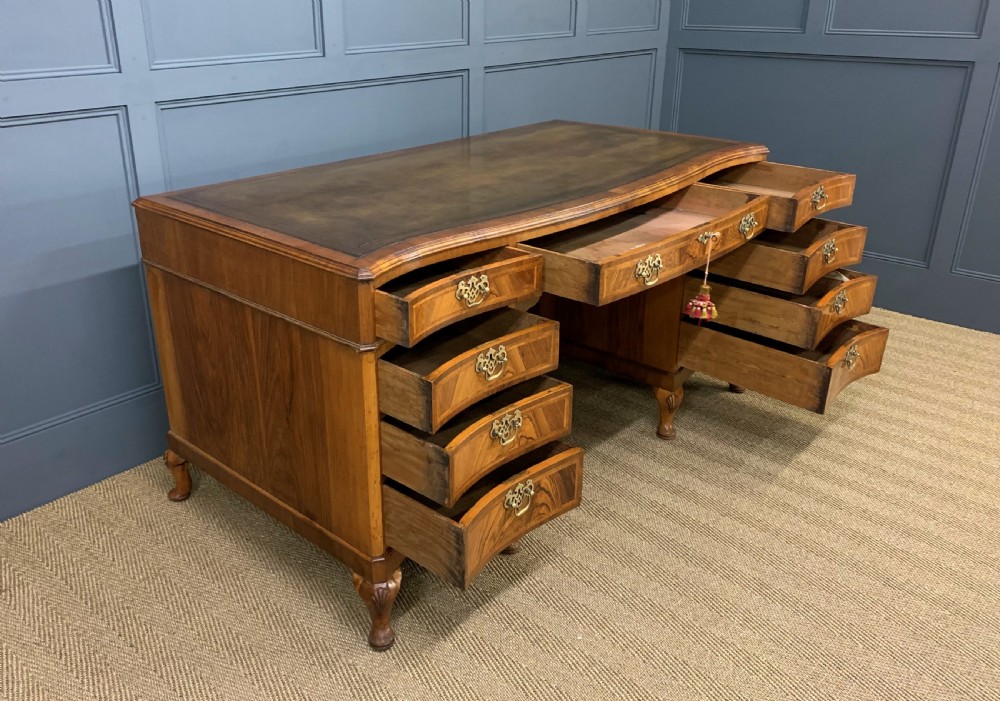 Large Burr Walnut Serpentine Fronted Pedestal Desk View XII