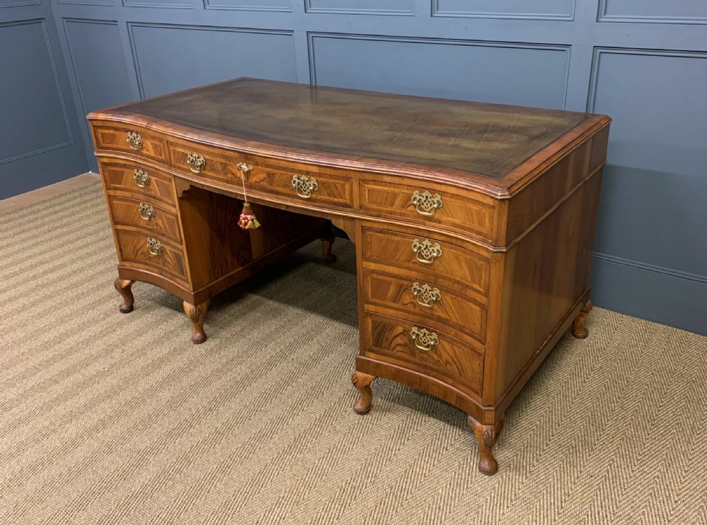 Large Burr Walnut Serpentine Fronted Pedestal Desk View XIII