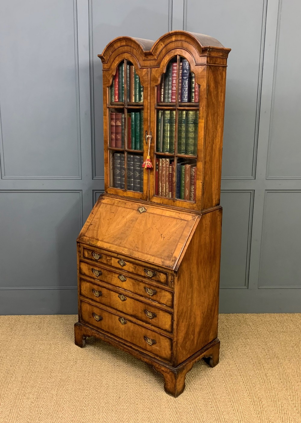 Dome Topped Burr Walnut Bureau Bookcase