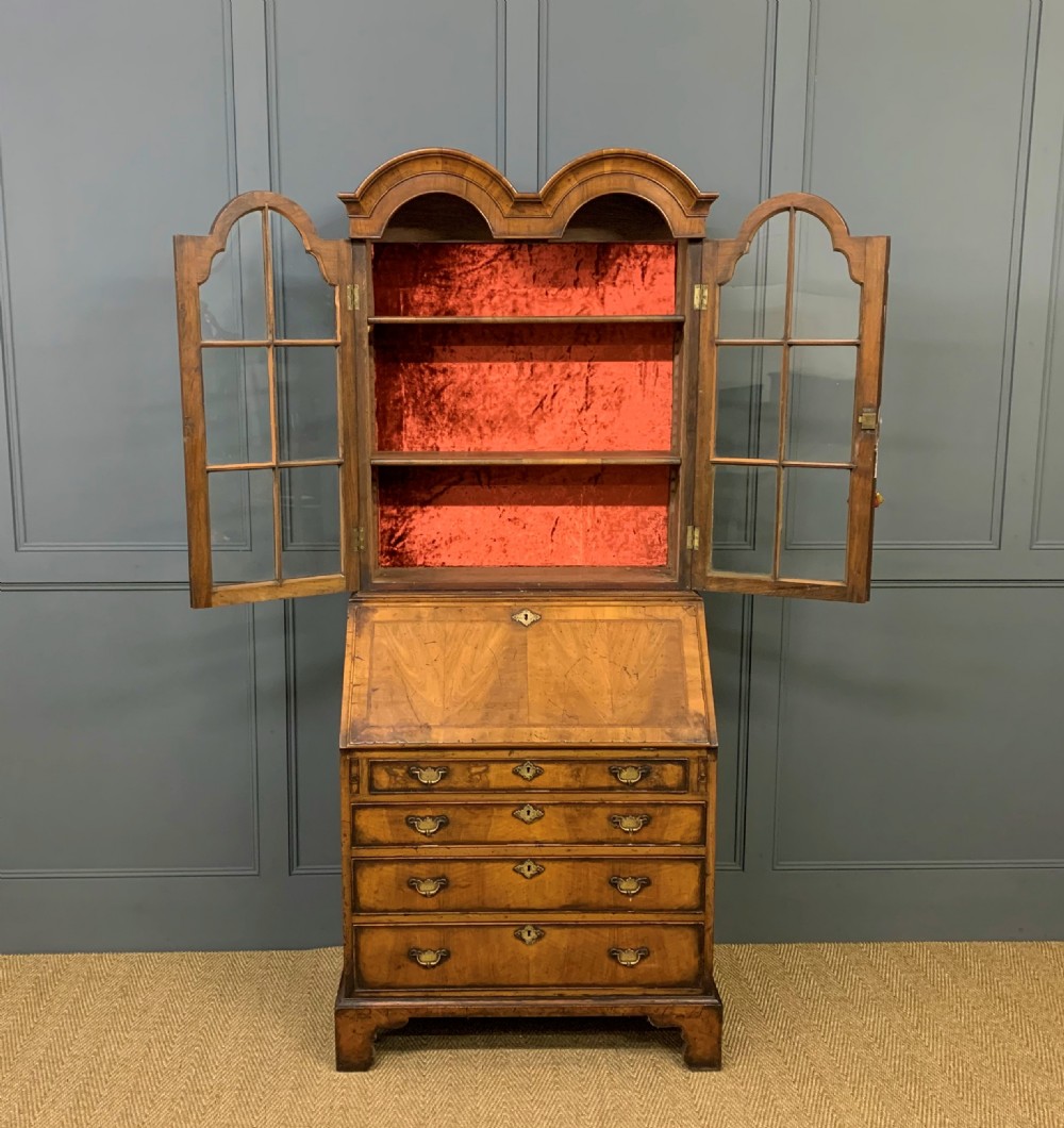 Dome Topped Burr Walnut Bureau Bookcase View II