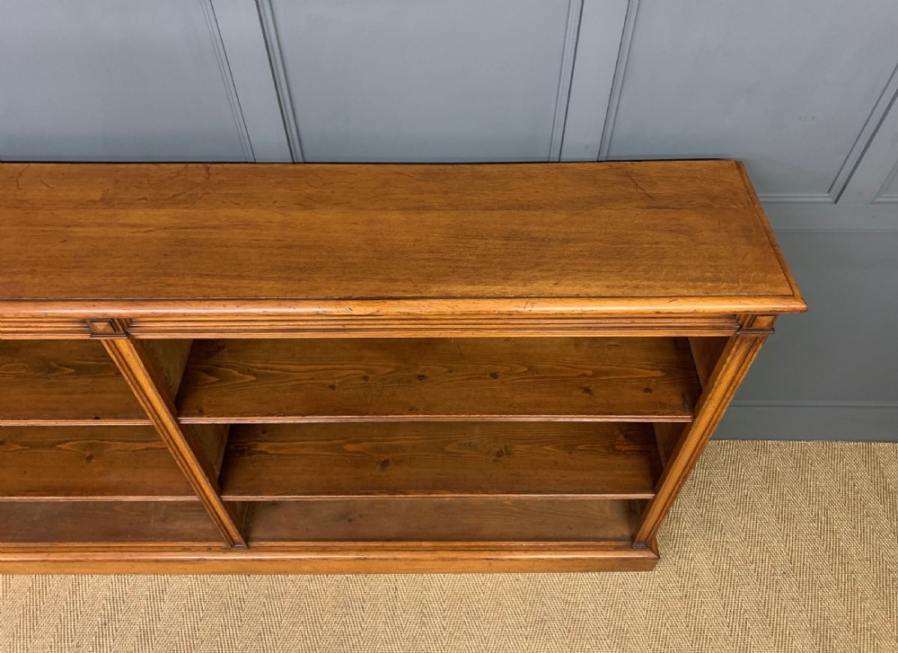 Long Victorian Golden Oak Open Bookcase View II