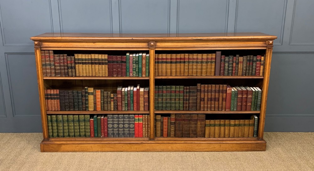 Long Victorian Golden Oak Open Bookcase View III