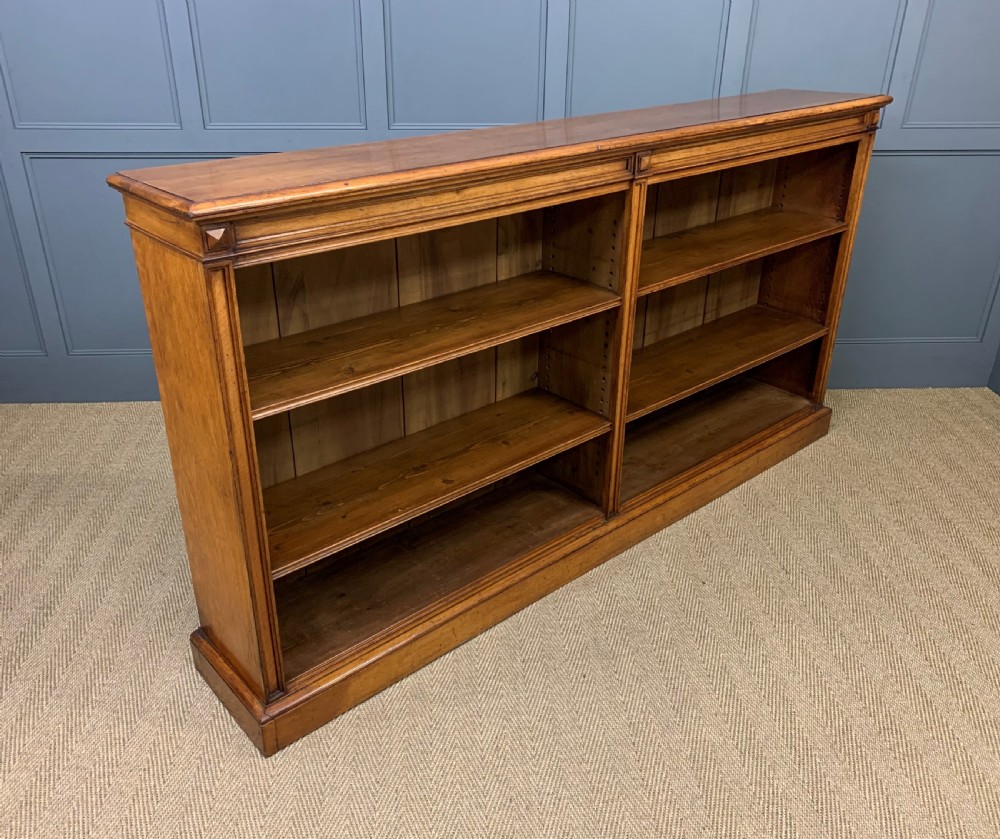 Long Victorian Golden Oak Open Bookcase View IV