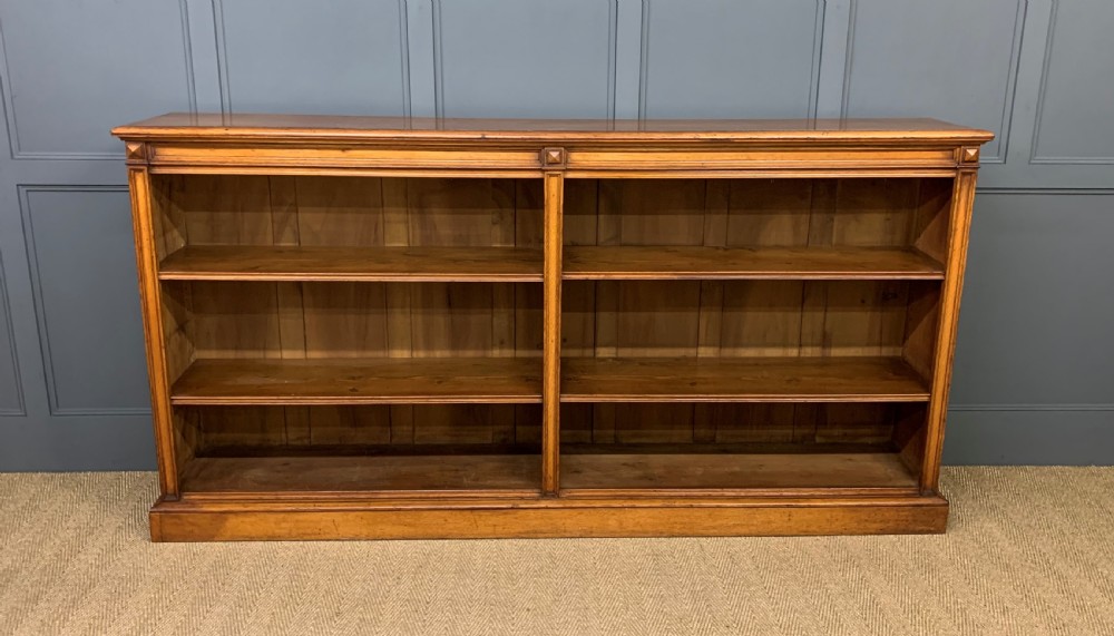 Long Victorian Golden Oak Open Bookcase View VI