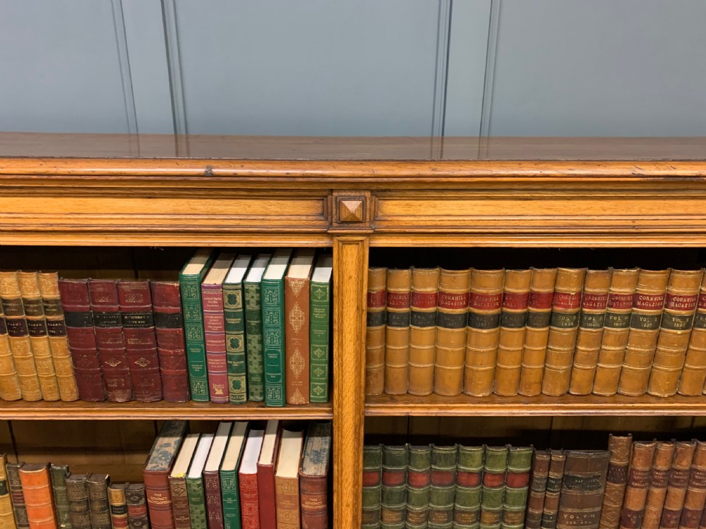 Long Victorian Golden Oak Open Bookcase View VIII
