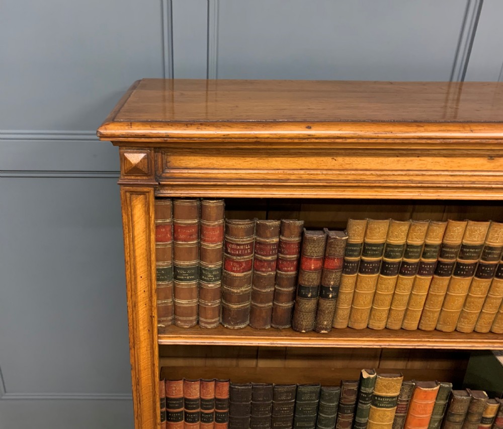 Long Victorian Golden Oak Open Bookcase View IX