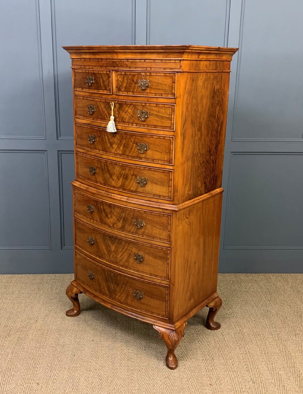 Burr Walnut Bow Fronted Chest on Chest by Waring and Gillow