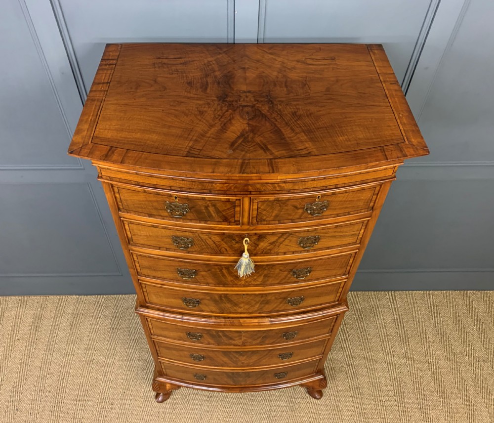 Burr Walnut Bow Fronted Chest on Chest by Waring and Gillow View III