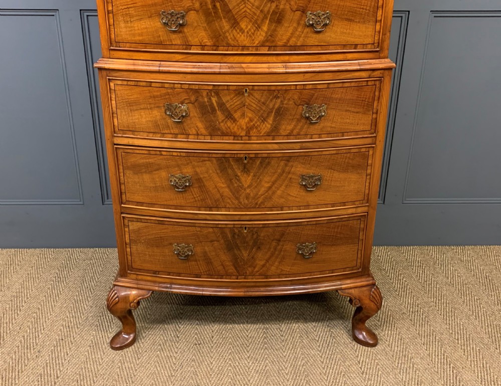 Burr Walnut Bow Fronted Chest on Chest by Waring and Gillow View VI