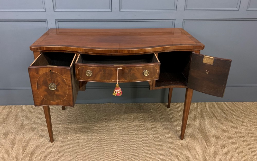Sheraton Revival Serpentine Inlaid Mahogany Side Table View X