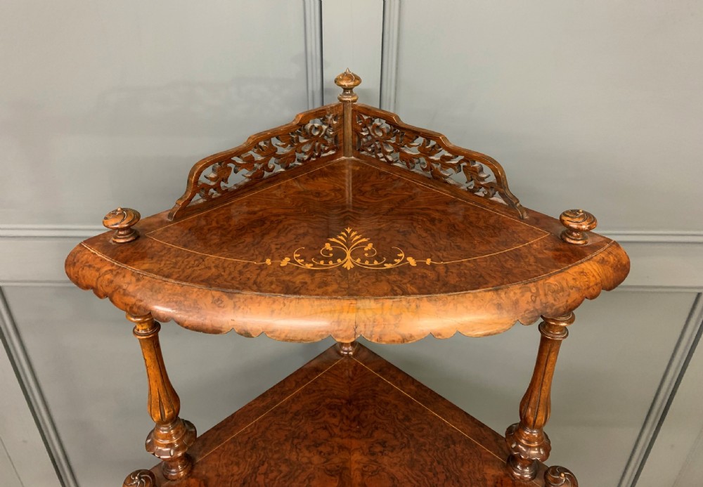Victorian Inlaid Burr Walnut Corner What Not View II