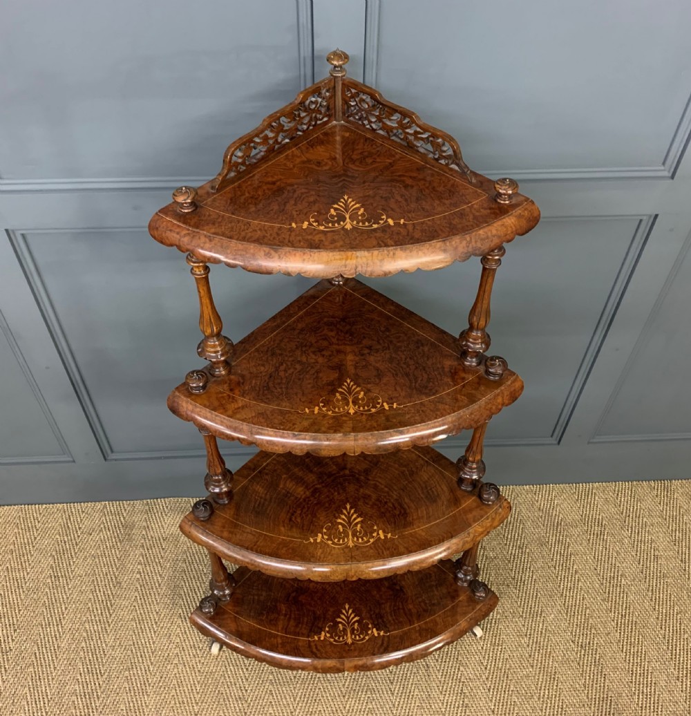 Victorian Inlaid Burr Walnut Corner What Not View VI