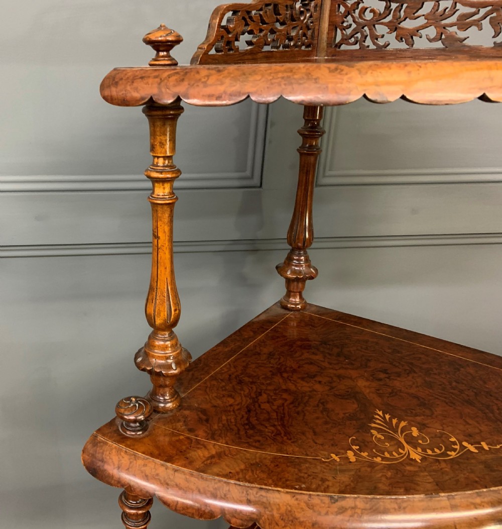 Victorian Inlaid Burr Walnut Corner What Not View VIII