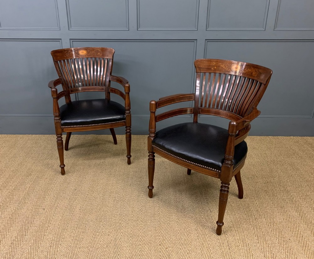 Pair of Inlaid Mahogany Desk Armchairs by Maple and Co.