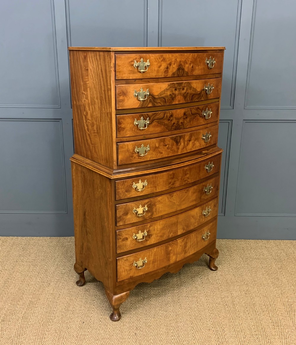 Burr Walnut Bow Fronted Chest on Chest