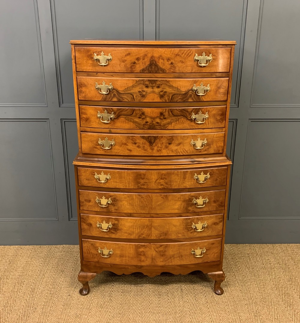 Burr Walnut Bow Fronted Chest on Chest View II