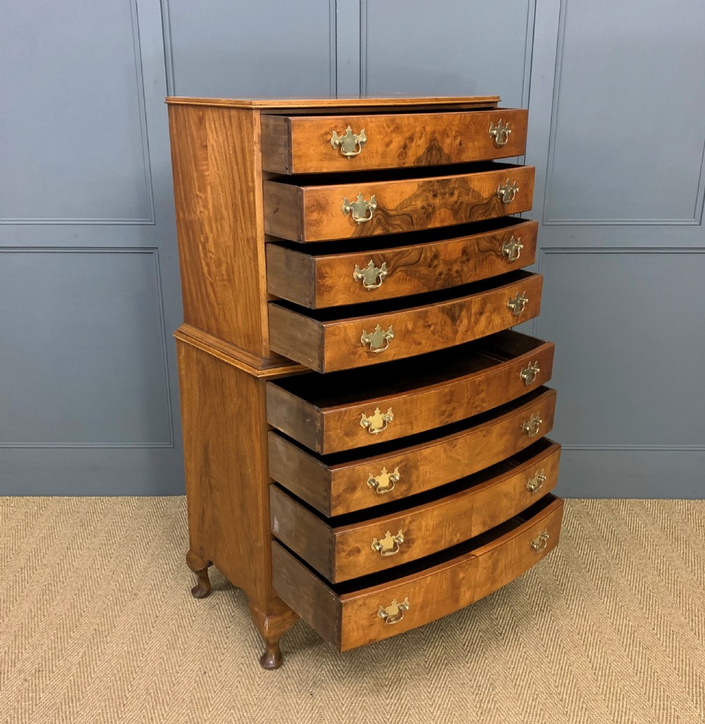 Burr Walnut Bow Fronted Chest on Chest View IV